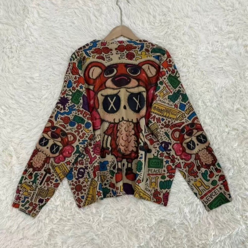 Womens Pullover Sweater Small Beige Red Stretch Crew Neck Print Bear Dolls Relax - Picture 8 of 16